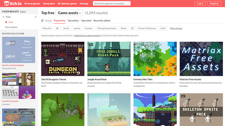 Itch.io homepage for game assets