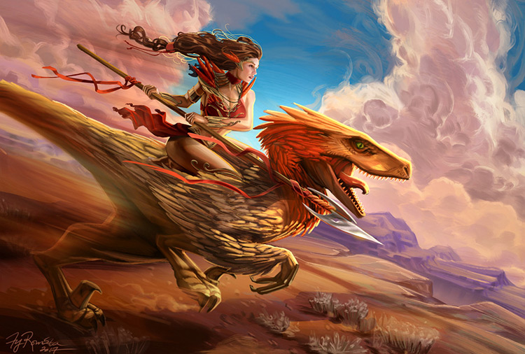 dinosaur creature rider woman art illustration