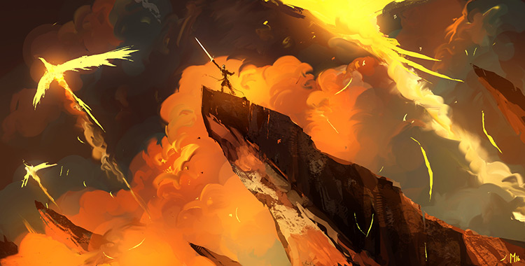 phoenix sword rock lava illustration concept art