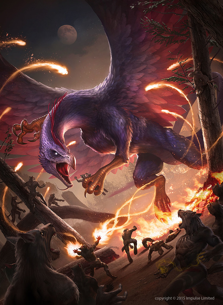 phoenix fight werwolves fantasy illustration art