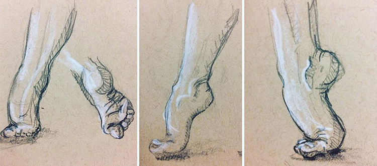 Toned paper drawings of feet