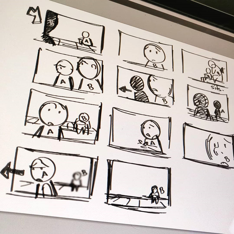Rough storyboard sketches for a story