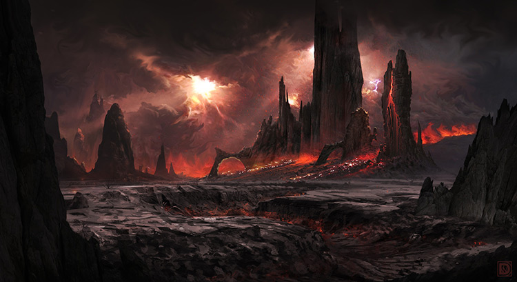volcano planet lava dark sci-fi concept art