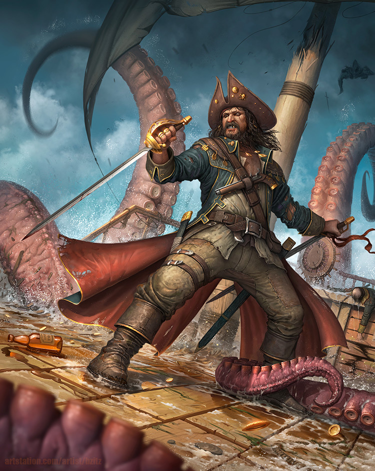 pirate tentacles octopus battle ship art illustration