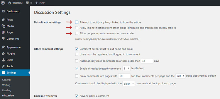 Discussion tab settings wordpress