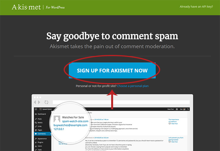 Get API key from Akismet