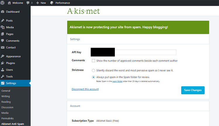 Akismet api key plugin screenshot