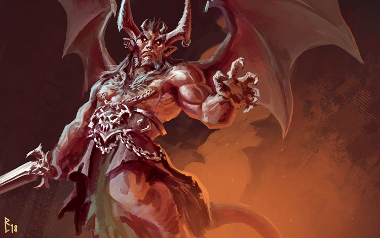 demon red creature horns wings character sketch art
