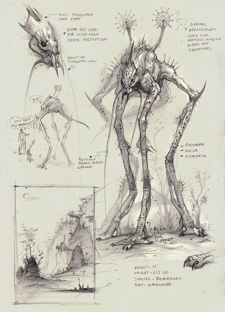 Pemagort creature concept art sketches