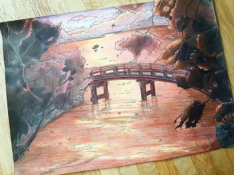 Drawing of a bridge colored