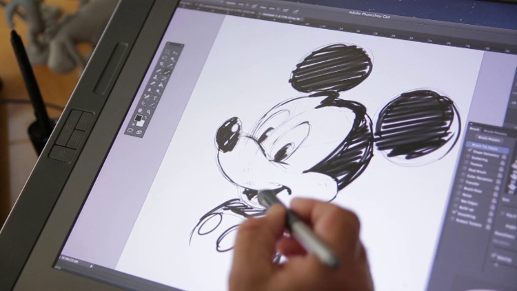 Drawing Mickey Mouse on a tablet
