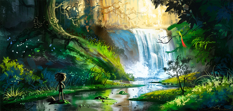 jungle waterfall flowing lush trees art environment