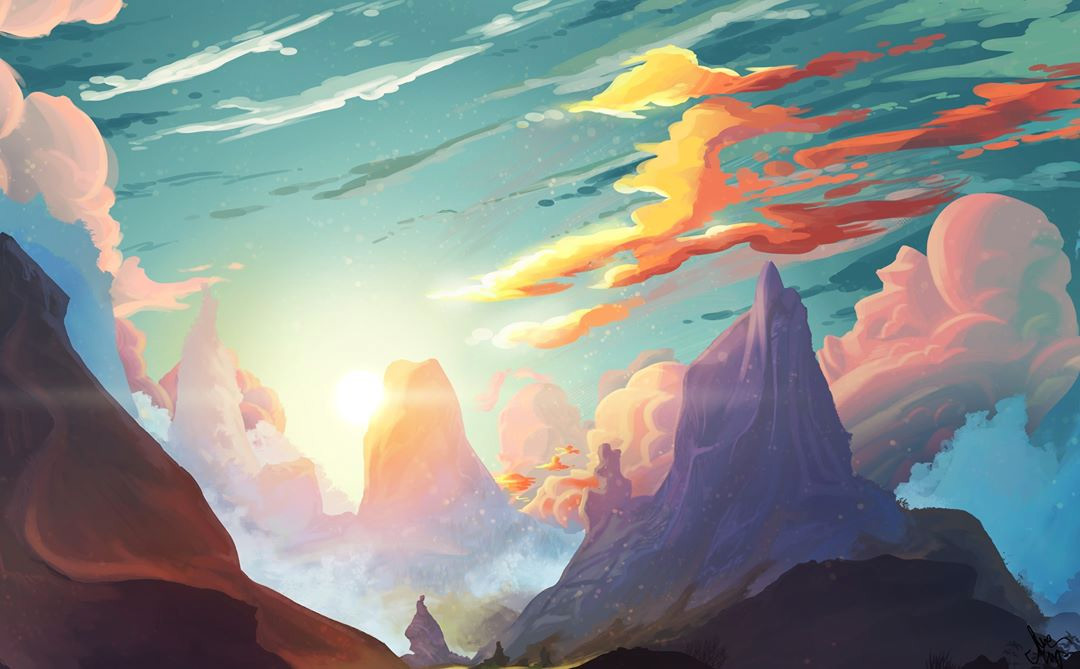 Sunset mountain matte painting