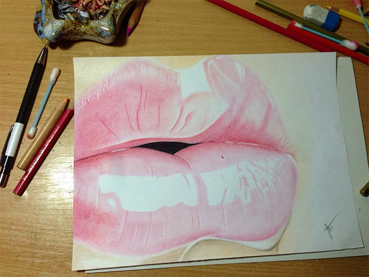 Detail of lips pencil drawing on white paper Stock Photo - Alamy