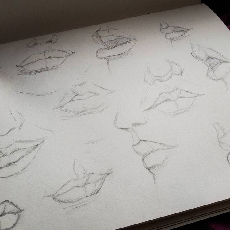 Red lips with piercings drawn