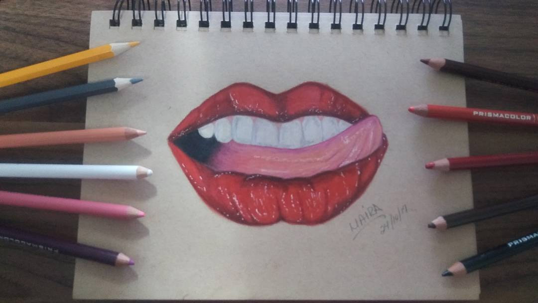 Drawing red lips with tongue sticking out