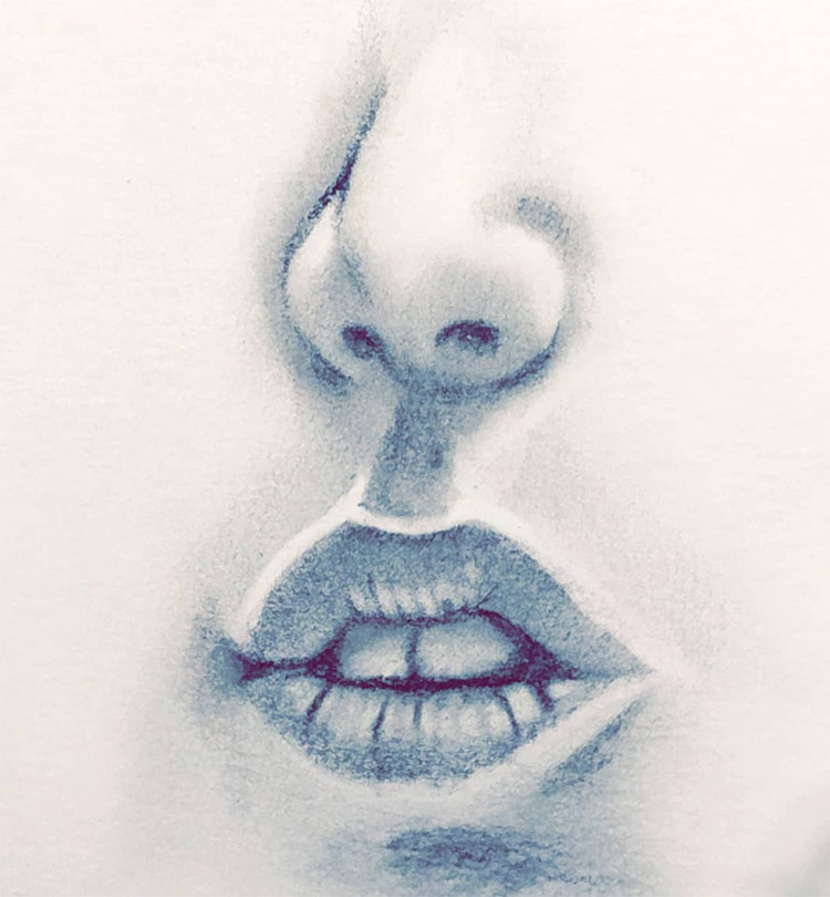 Drawing of lips and nose in graphite