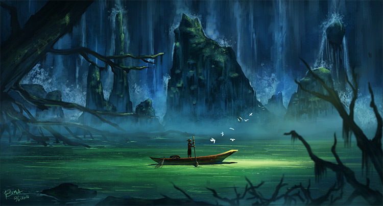 rowing boat through swamp water