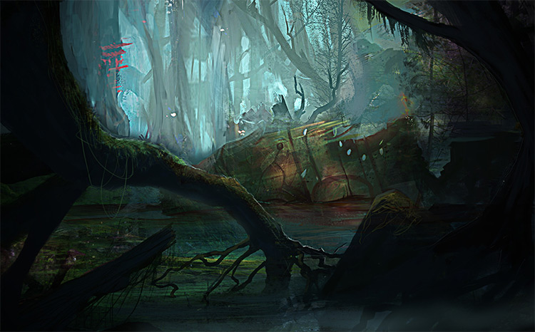 dark swamp environment concept art