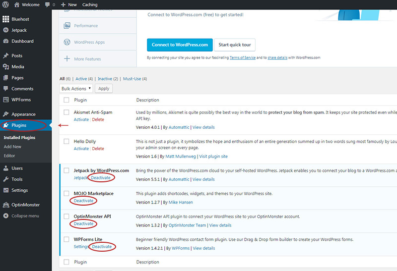 turn off default bluehost plugins