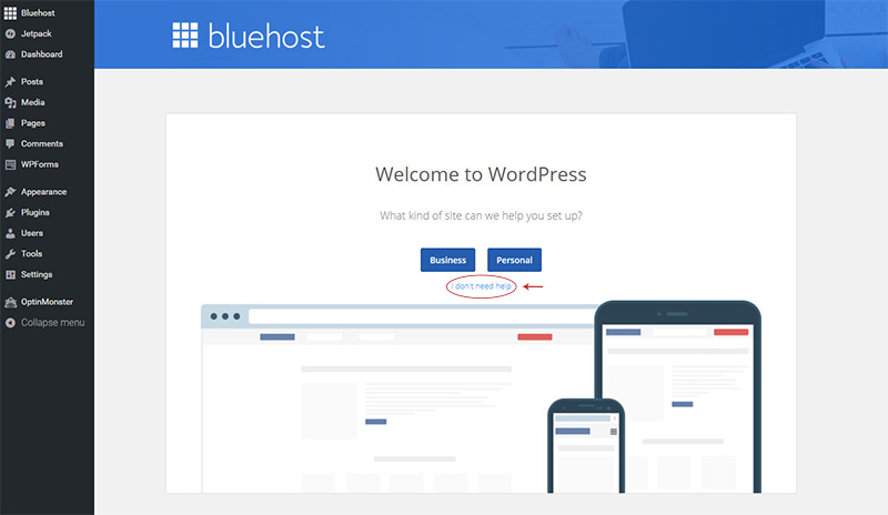 skip bluehost help setup