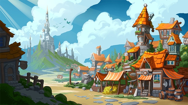 Cartoony town tavern buildings concept