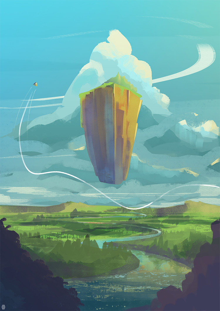 Illustrated floating rock environment painting