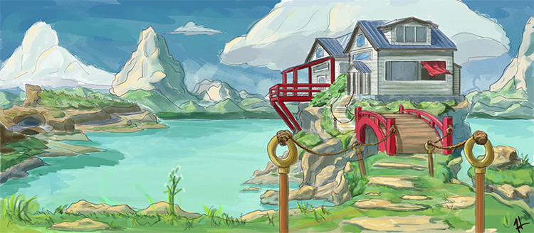 DBZ concept art, house on a lake