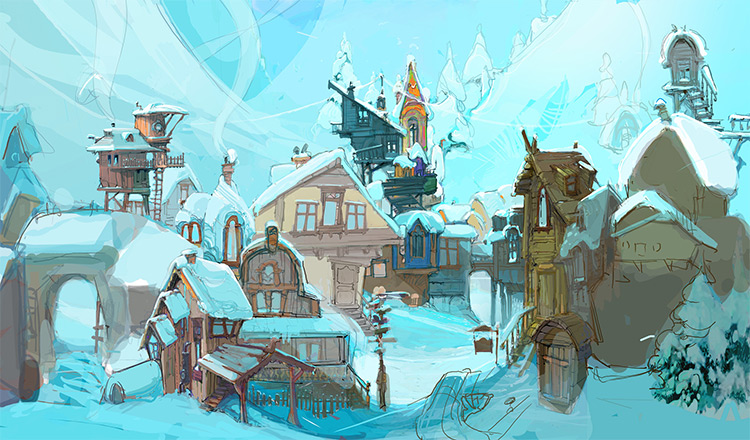 Snowy village rough environment painting