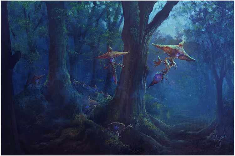 Personal work, free flying creatures in the forest