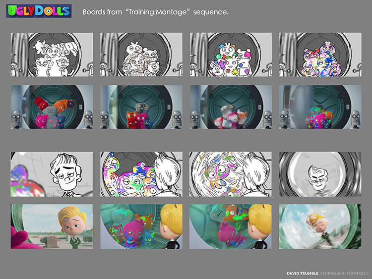 Training montage scene storyboards for Uglydolls