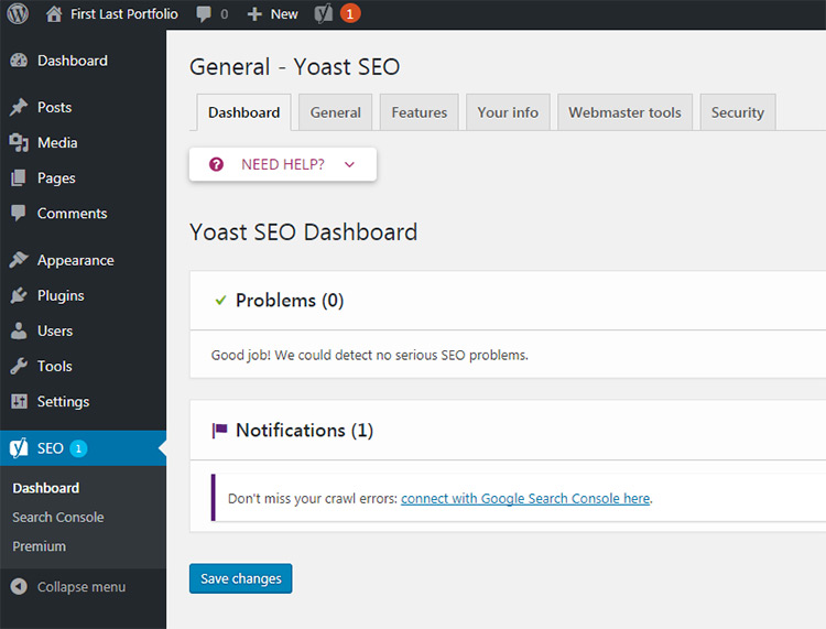 yoast seo dashboard page