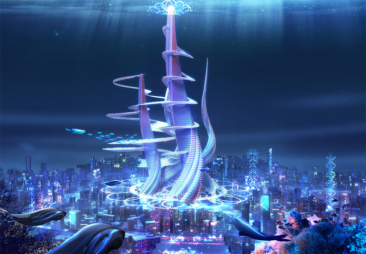 Underwater futuristic cityscape artwork