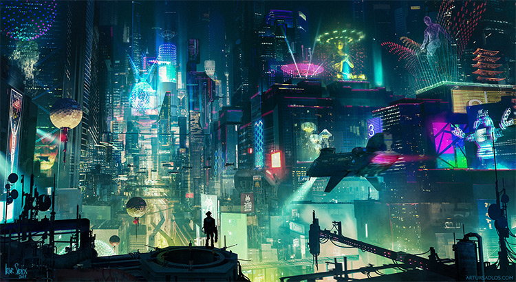 Digital cyberpunk cityscape