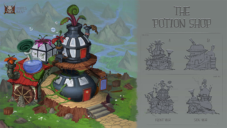 video game concept art potion shop idea