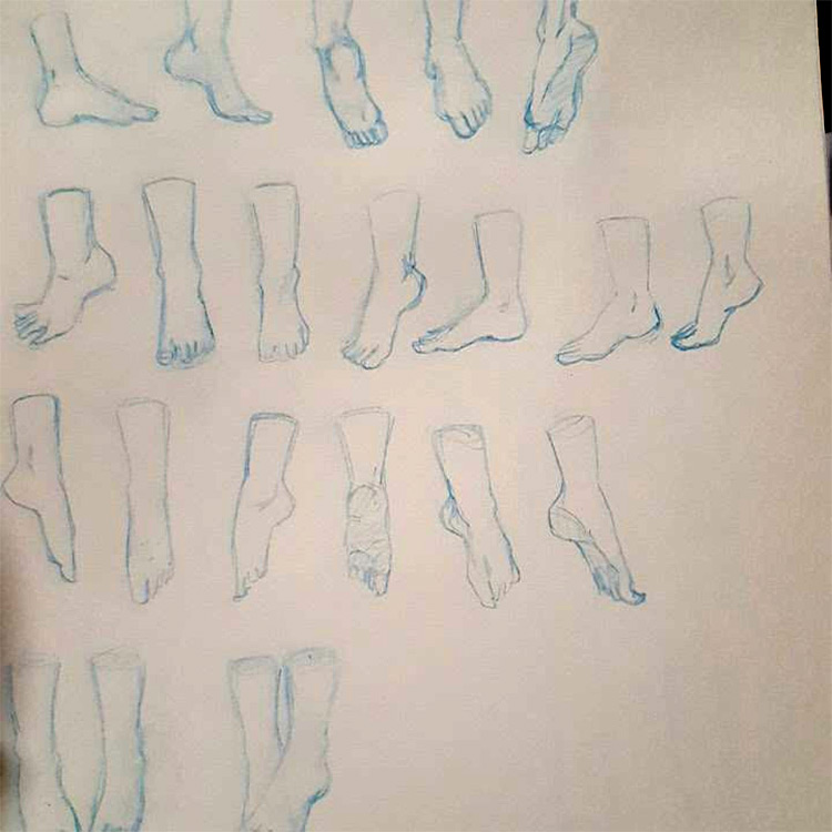 Light blue pencil feet sketches