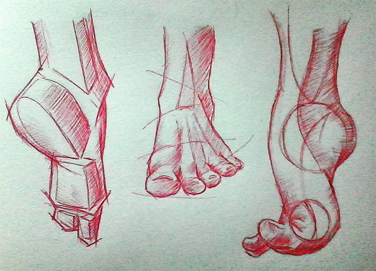 Red pencil drawings of feet with shapes