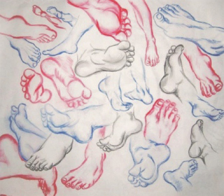 Red and blue cartoony feet sketches