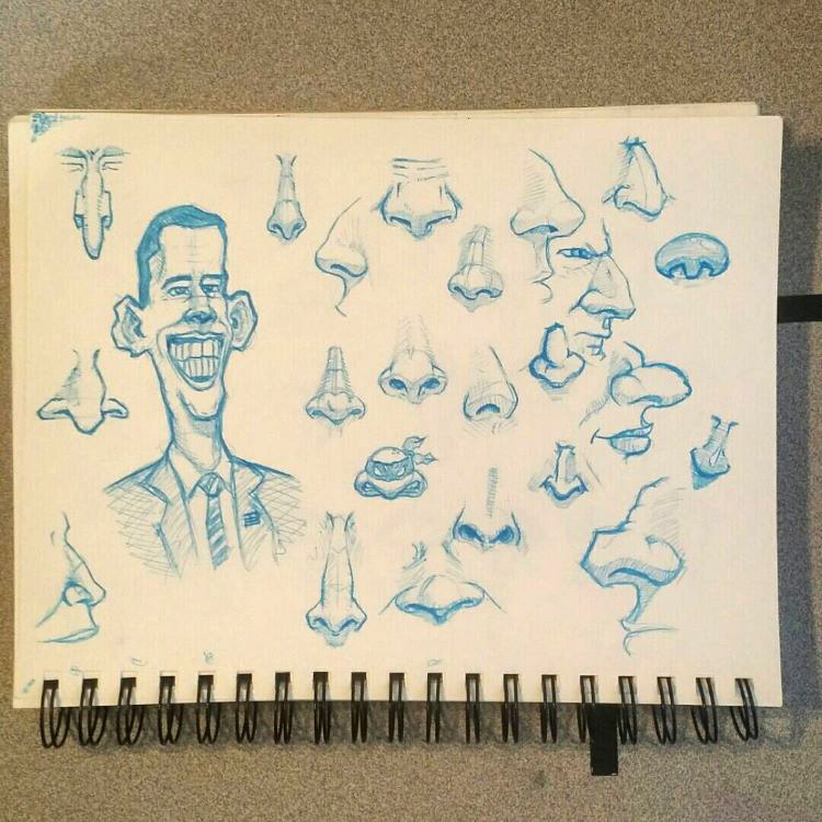 Cartoony noses drawn in blue pencil