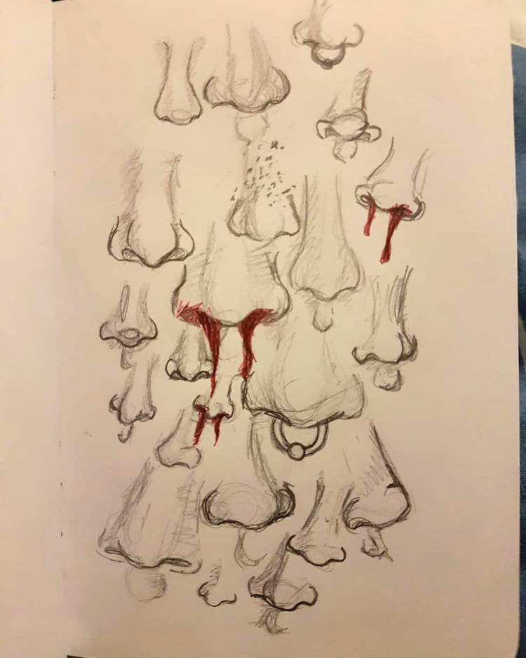 Sketchbook page full of nose drawings