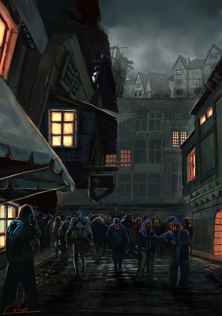 new town crowd gather concept art