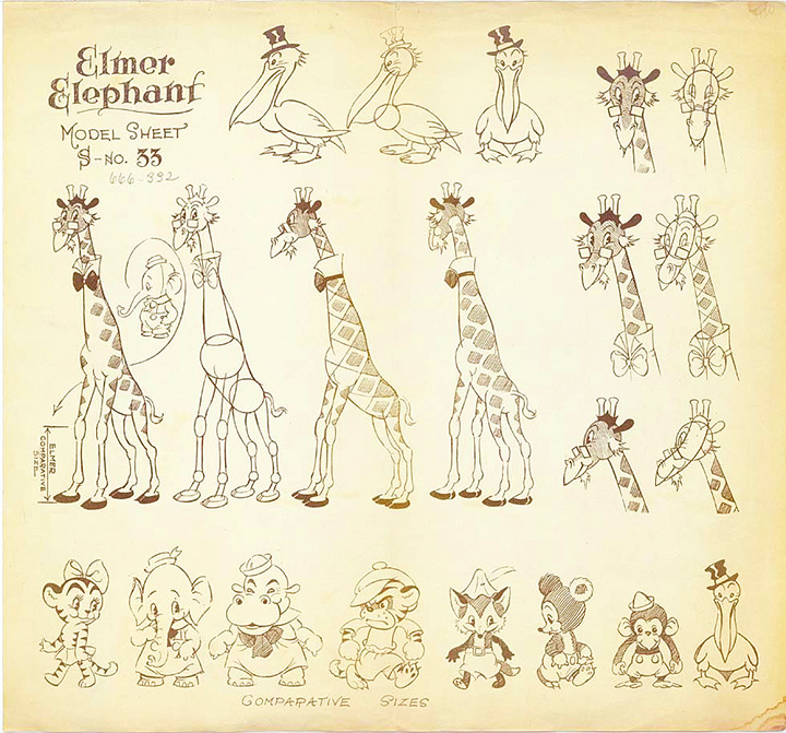 joe giraffe pellican tiger model sheet